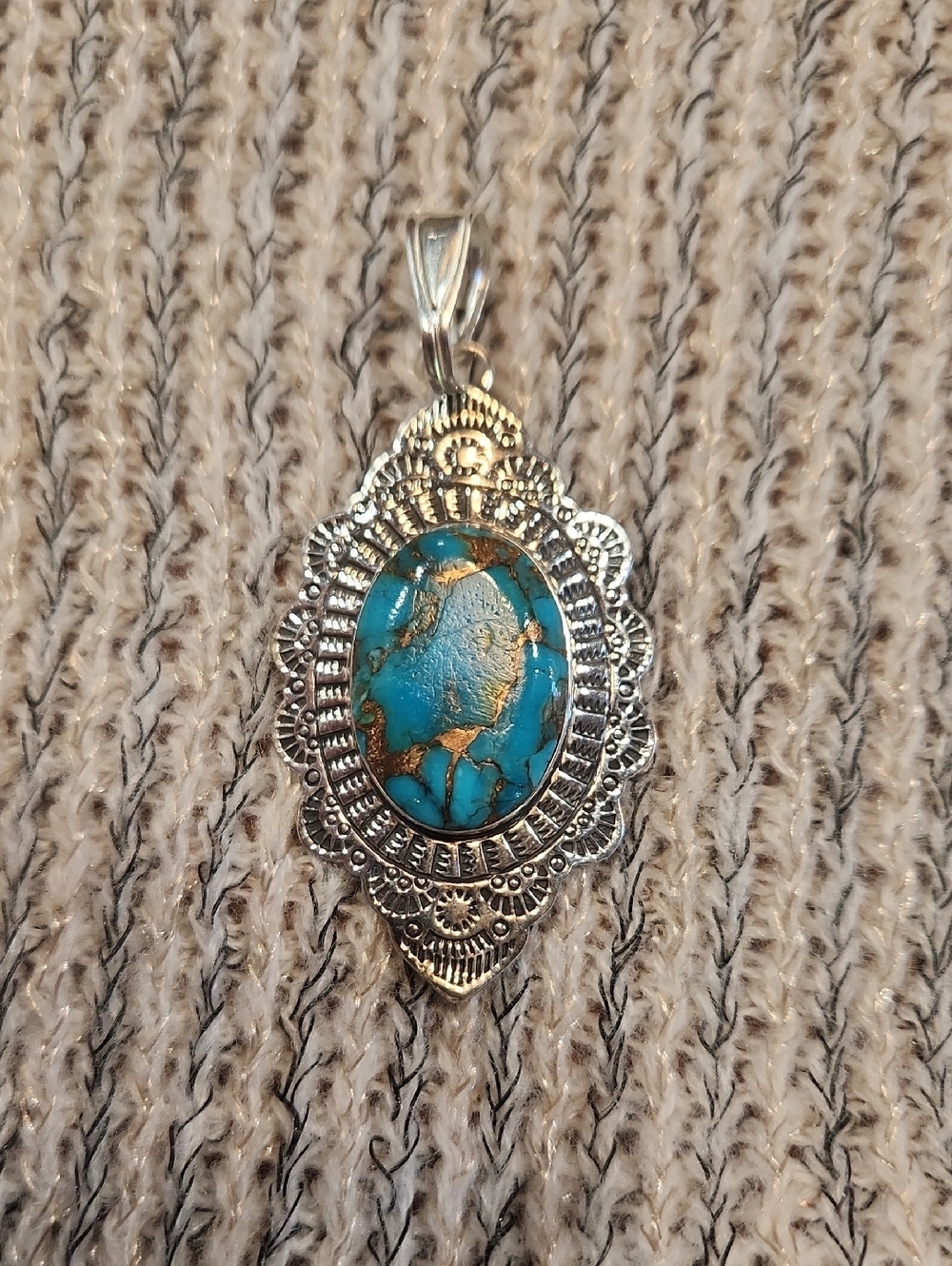 Turquoise Stone Filigree Pendant Necklace - Sterling Silver